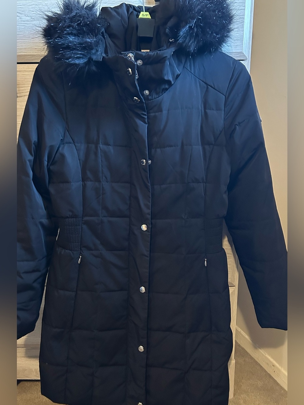 Calvin Klein Black Quilted  Puffer Coat with Faux Fur Trim